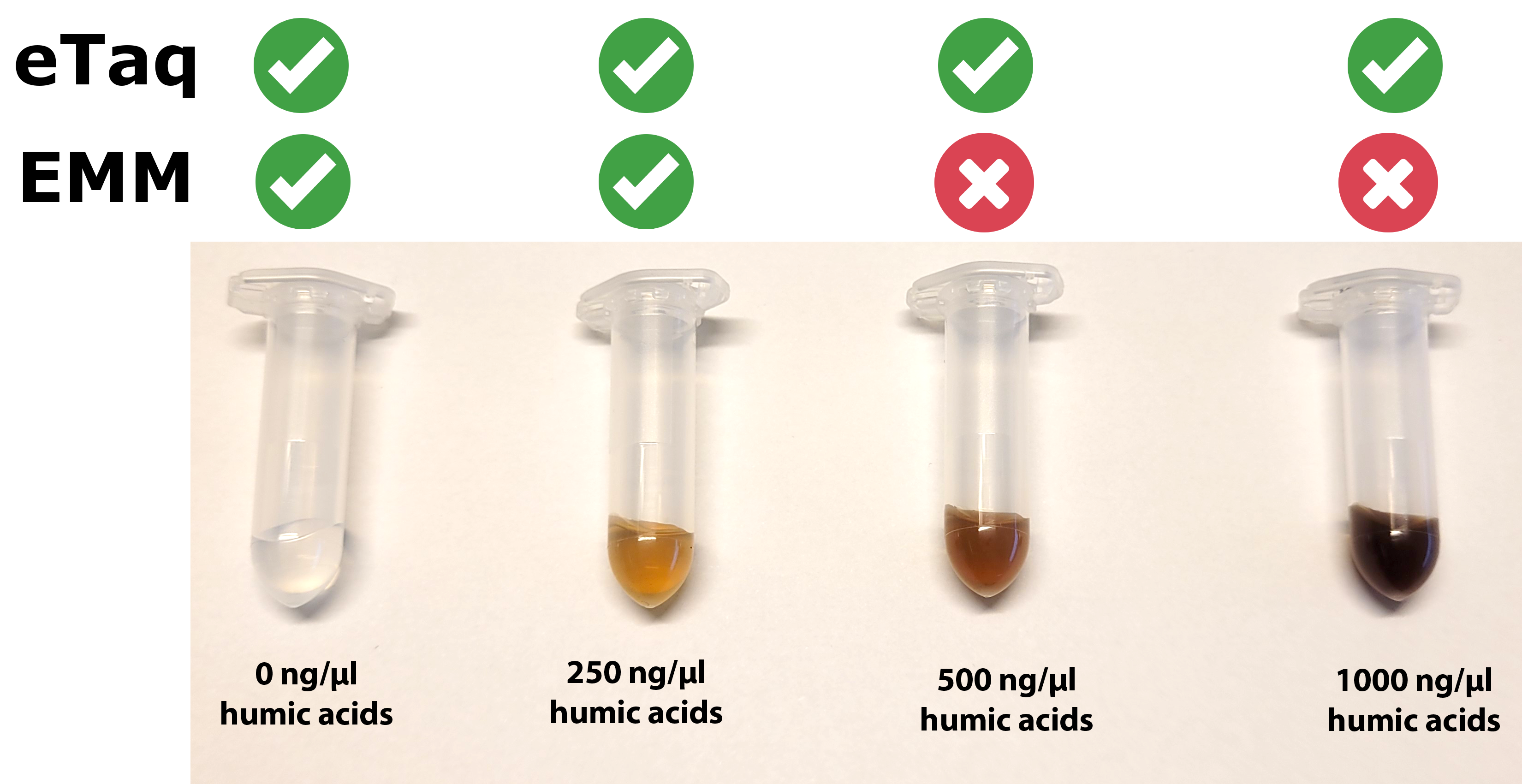 Ability of eTaq qPCR master mix of Sylphium and EMM of company T to detect target DNA at different humic acid concentrations. Experiments performed as described by Uchii et al, 2019*